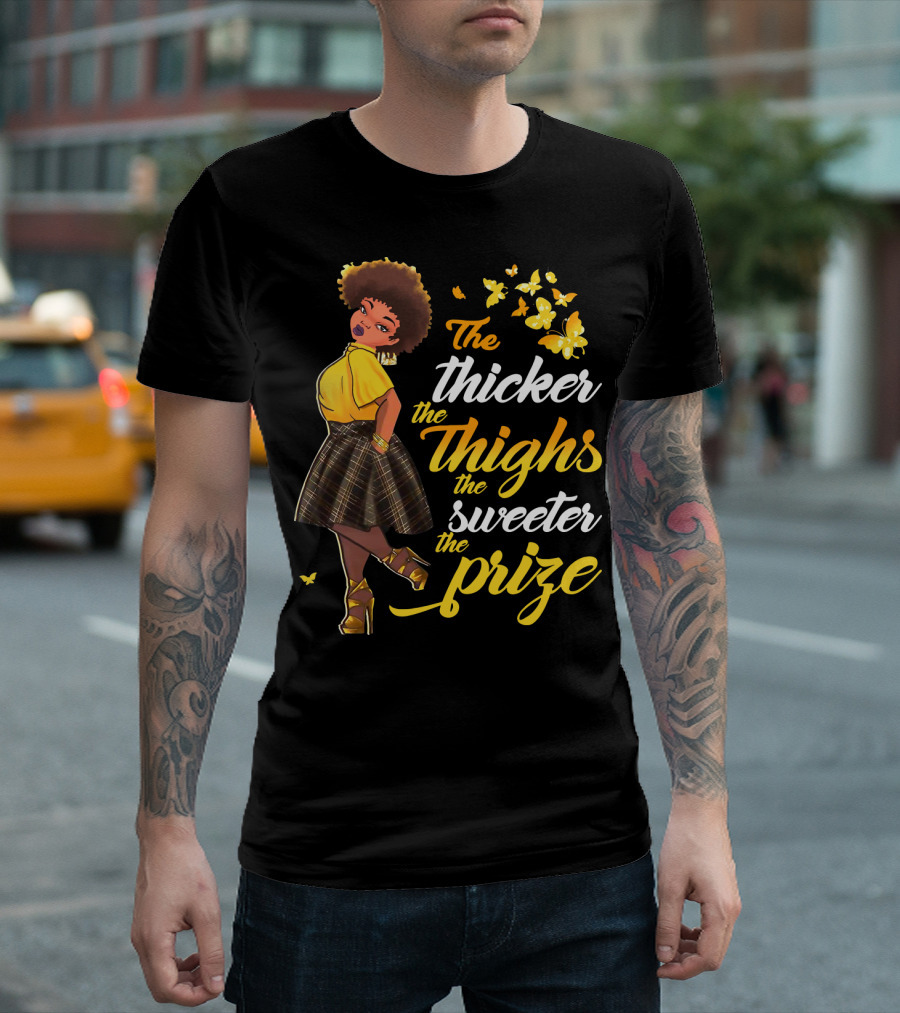 The Thicker the Thighs the Sweeter the Prize Butterfly Woman in Yellow and Plaid Skirt T-Shirt