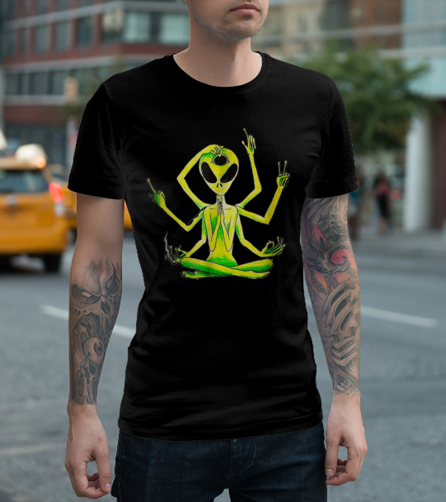 Alien Third Eye Meditation Yoga Pose With Multiple Arms T-Shirt