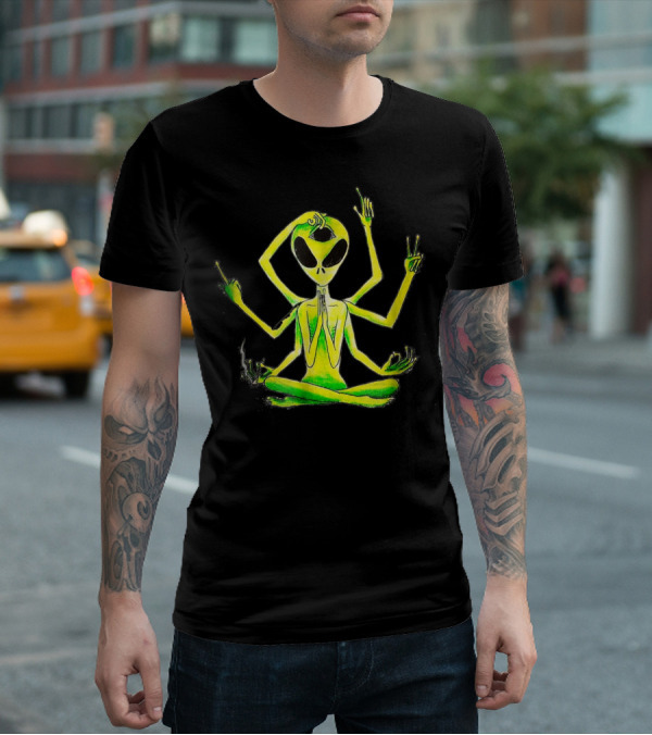 Alien Third Eye Meditation Yoga Pose With Multiple Arms T-Shirt