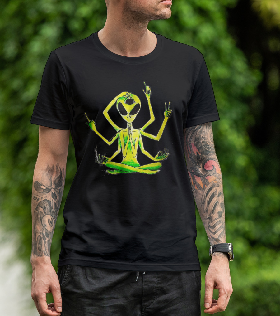 Alien Third Eye Meditation Yoga Pose With Multiple Arms T-Shirt