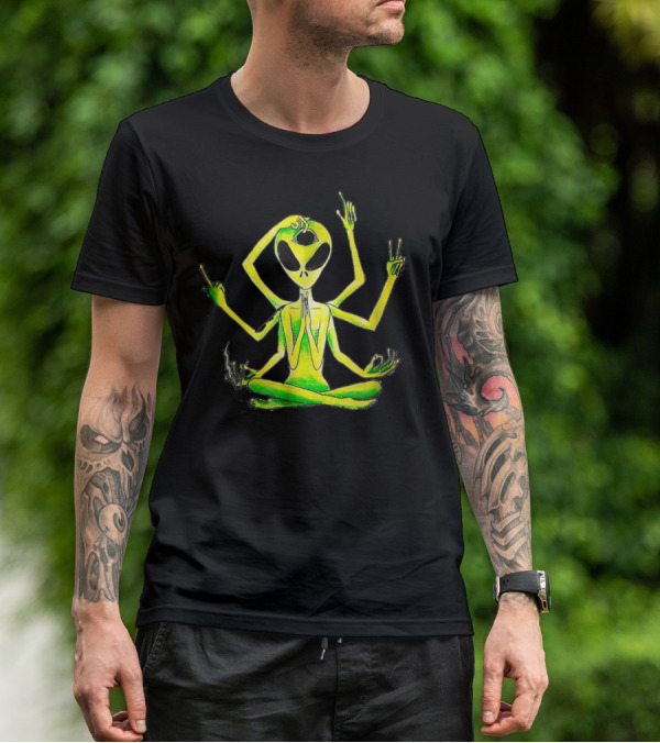 Alien Third Eye Meditation Yoga Pose With Multiple Arms T-Shirt