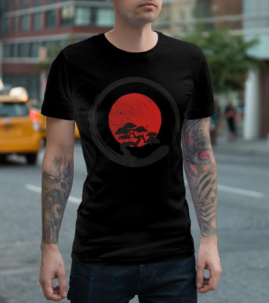 Buddhism Meditation Enso Circle With Red Sun And Bonsai Tree Zen Yoga T-Shirt