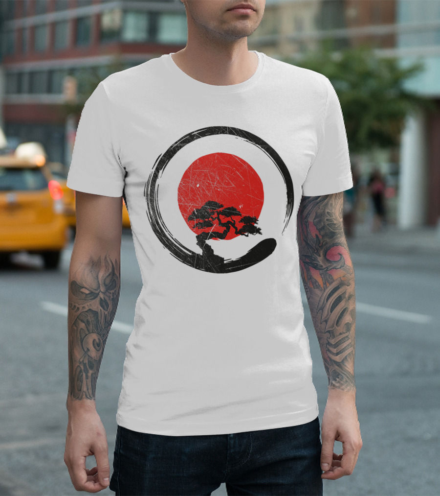 Buddhism Meditation Enso Circle with Red Sun and Bonsai Tree Zen Yoga T-Shirt