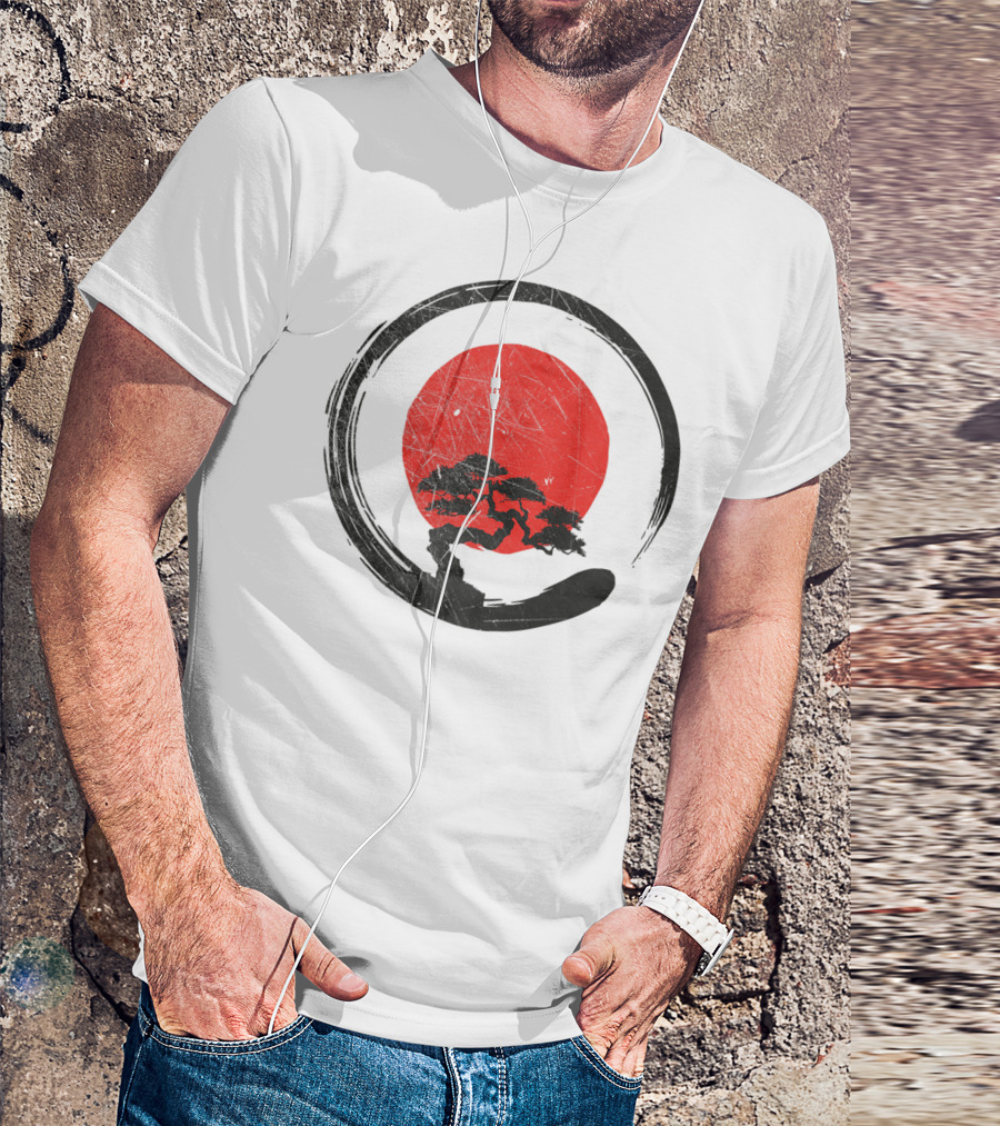 Buddhism Meditation Enso Circle With Red Sun And Bonsai Tree Zen Yoga T-Shirt