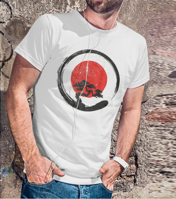 Buddhism Meditation Enso Circle With Red Sun And Bonsai Tree Zen Yoga T-Shirt