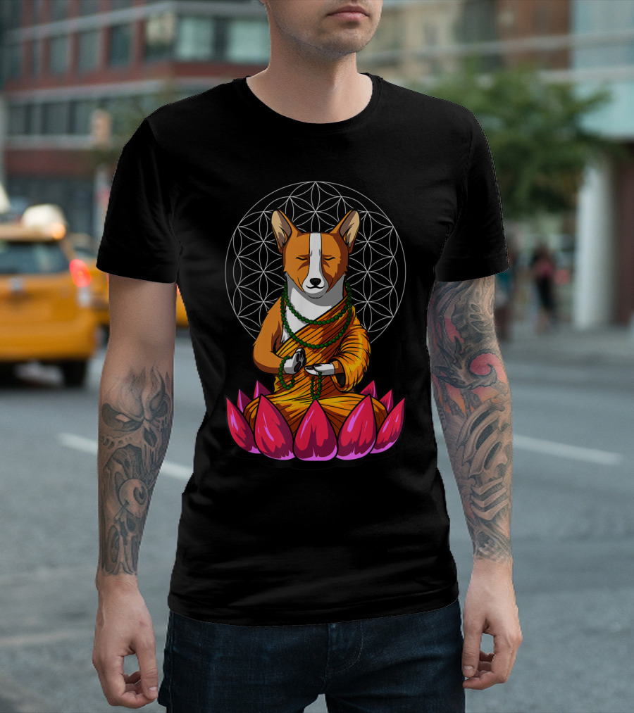 Corgi Dog Meditating in Buddha Pose with Lotus and Mandala Background T-Shirt