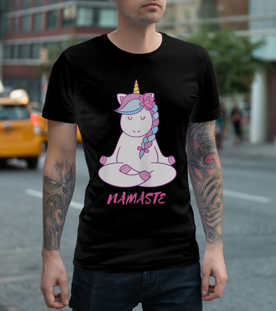 Namaste Unicorn Meditation Yoga Pose with Om Symbol and Flower Mane T-Shirt