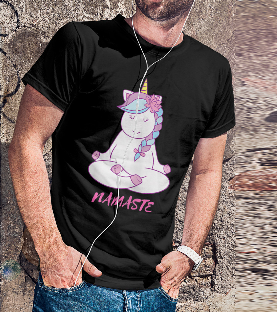 Namaste Unicorn Meditation Yoga Pose With Om Symbol And Flower Mane T-Shirt