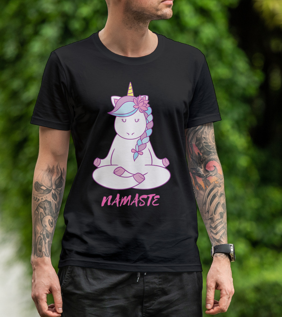 Namaste Unicorn Meditation Yoga Pose With Om Symbol And Flower Mane T-Shirt