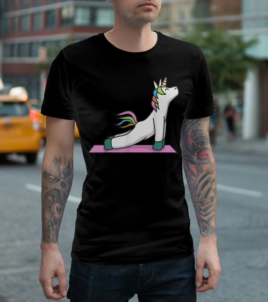 Cute Yoga Unicorn Meditation Fitness Pose With Rainbow Mane T-Shirt