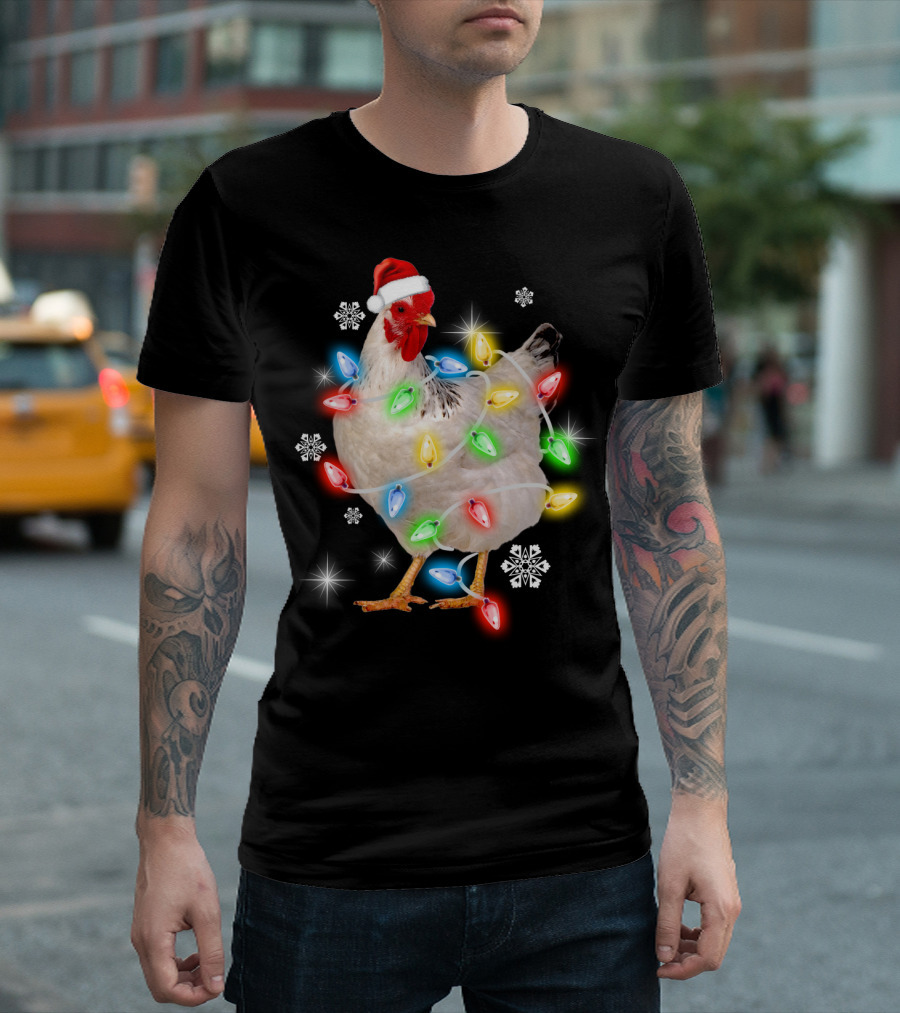 Chicken Noel Christmas Lights Santa Hat Snowflakes T-Shirt
