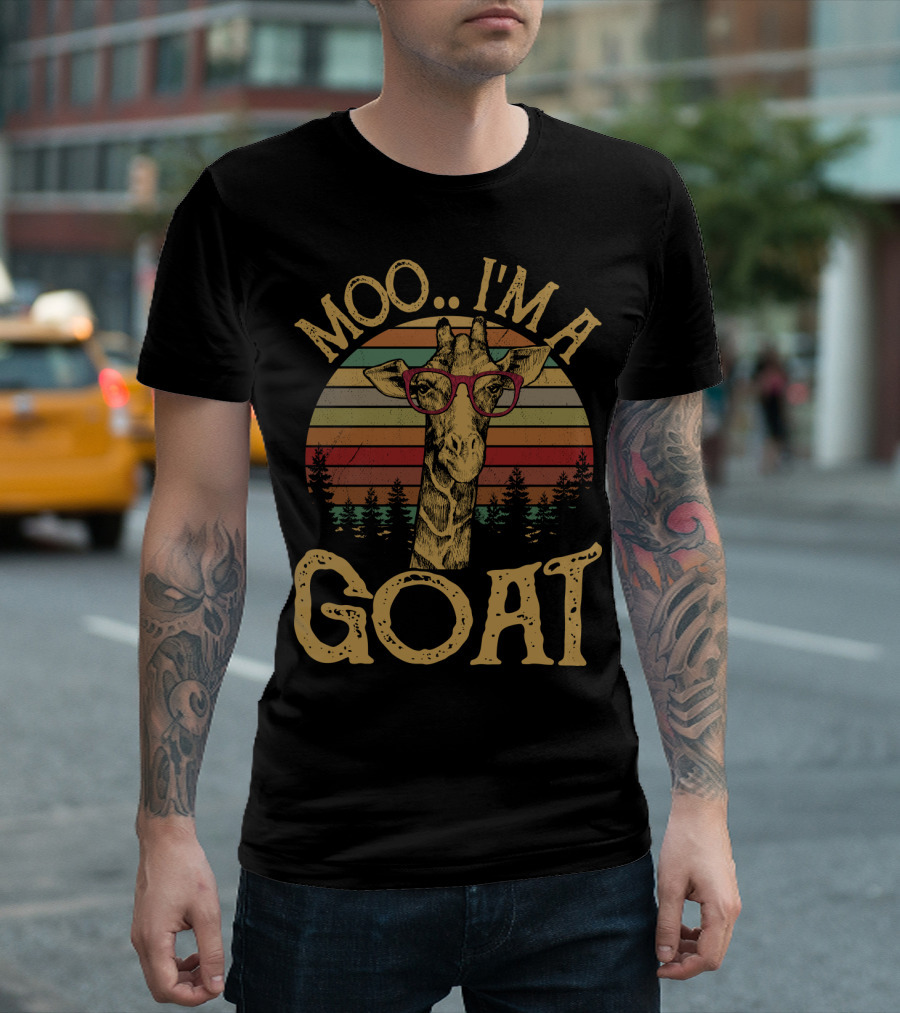 Moo I'm A Goat Retro Giraffe With Glasses And Forest Sunset T-Shirt