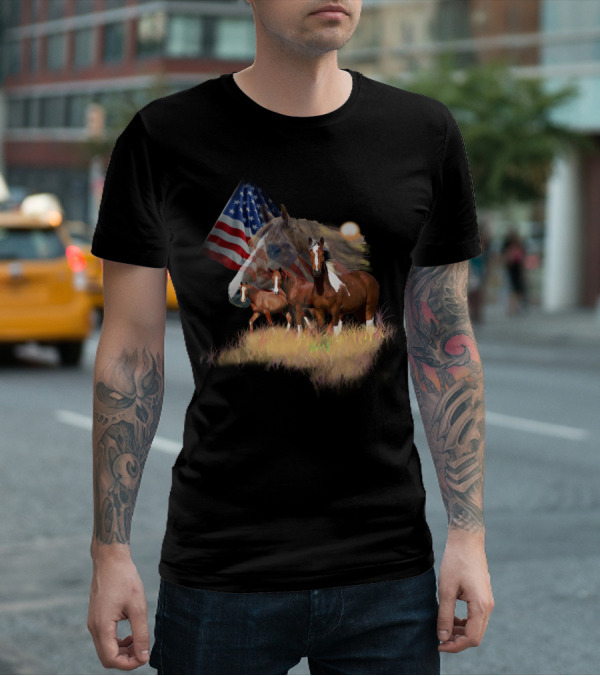 American Flag Majestic Horse Trio T-Shirt