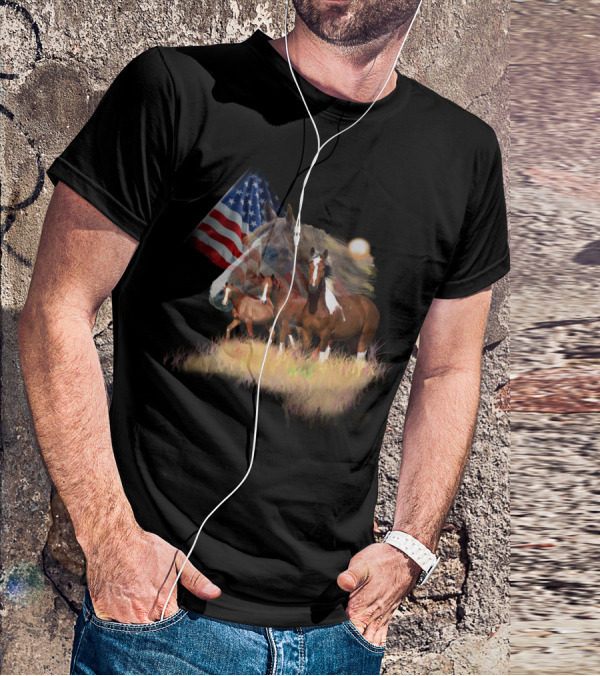 American Flag Majestic Horse Trio T-Shirt
