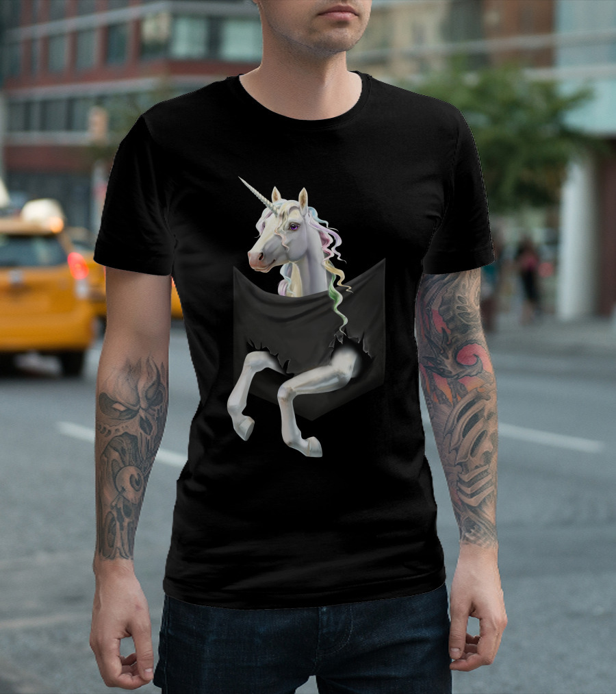 Unicorn Peeking From Torn Pocket T-Shirt