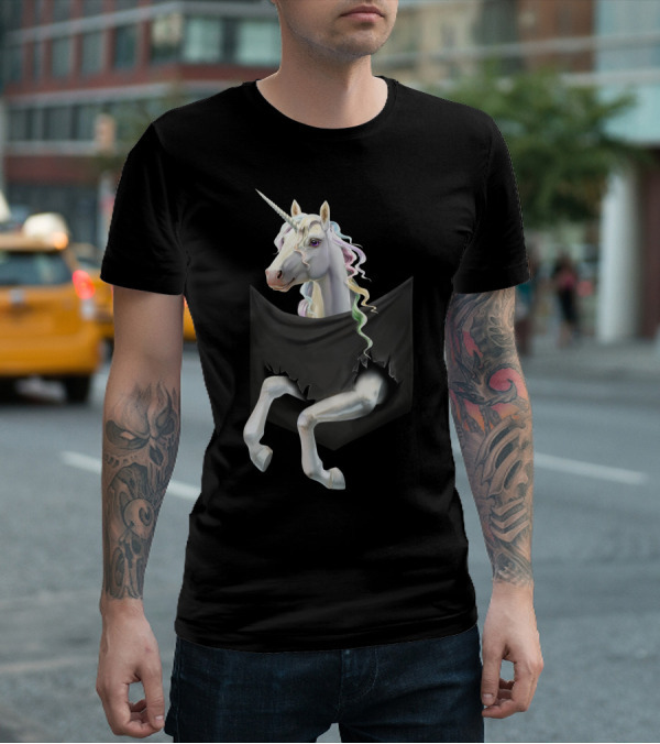 Unicorn Peeking From Torn Pocket T-Shirt