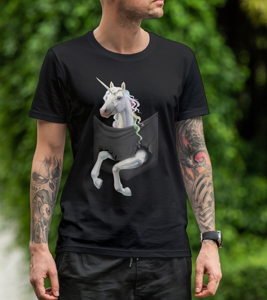 Unicorn Peeking From Torn Pocket T-Shirt