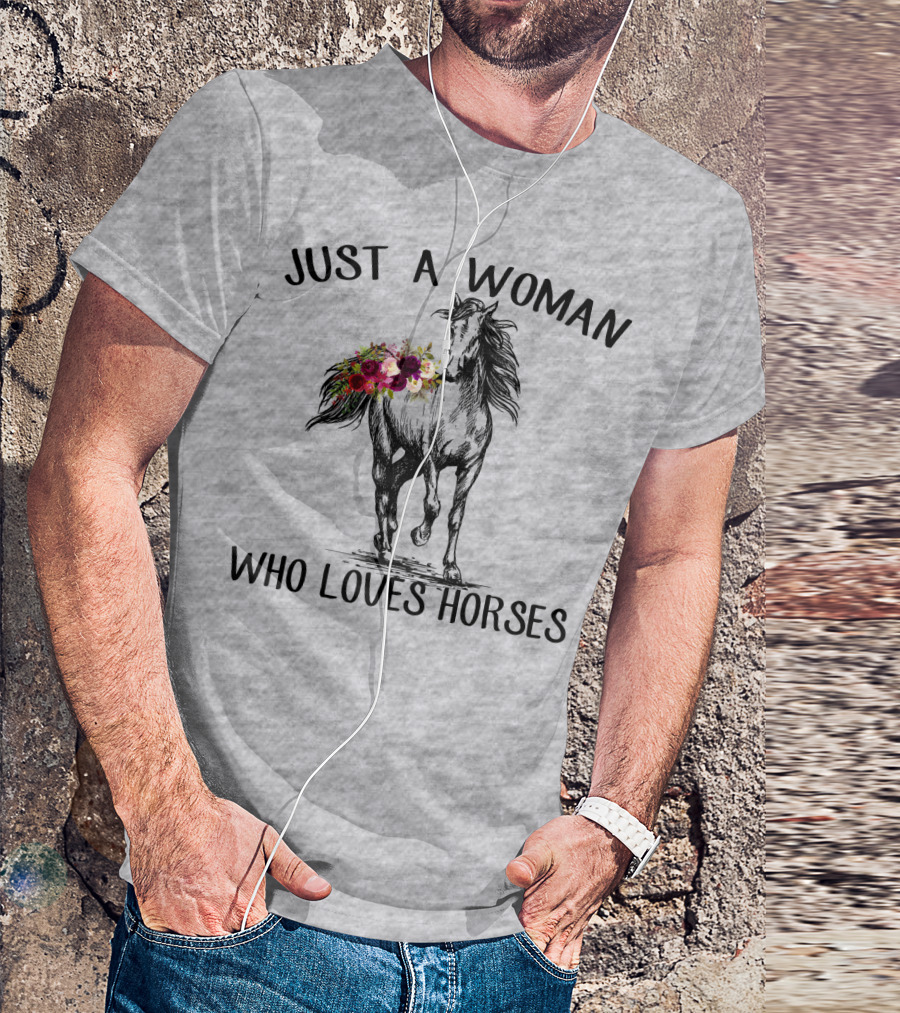 Just A Woman Who Loves Horses With Floral Horse Drawing T-Shirt