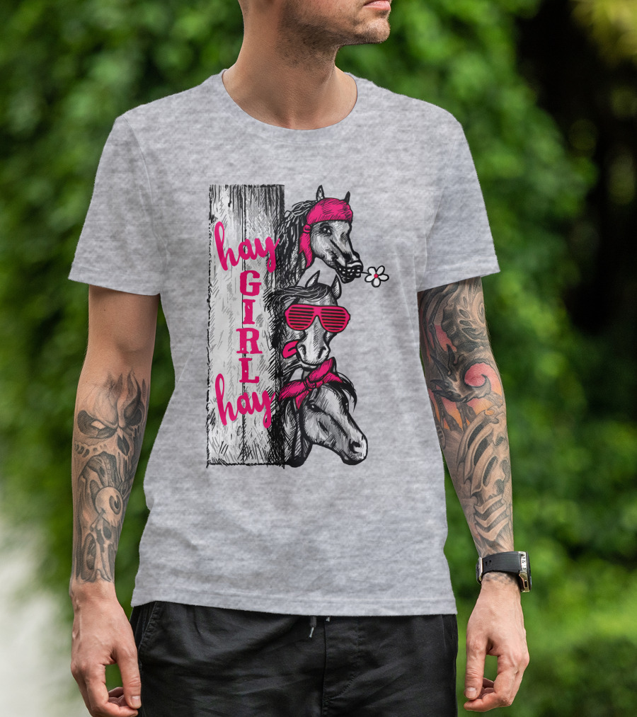 Hay GIRL Hay Funny Horse Trio With Bandanas And Sunglasses T-Shirt