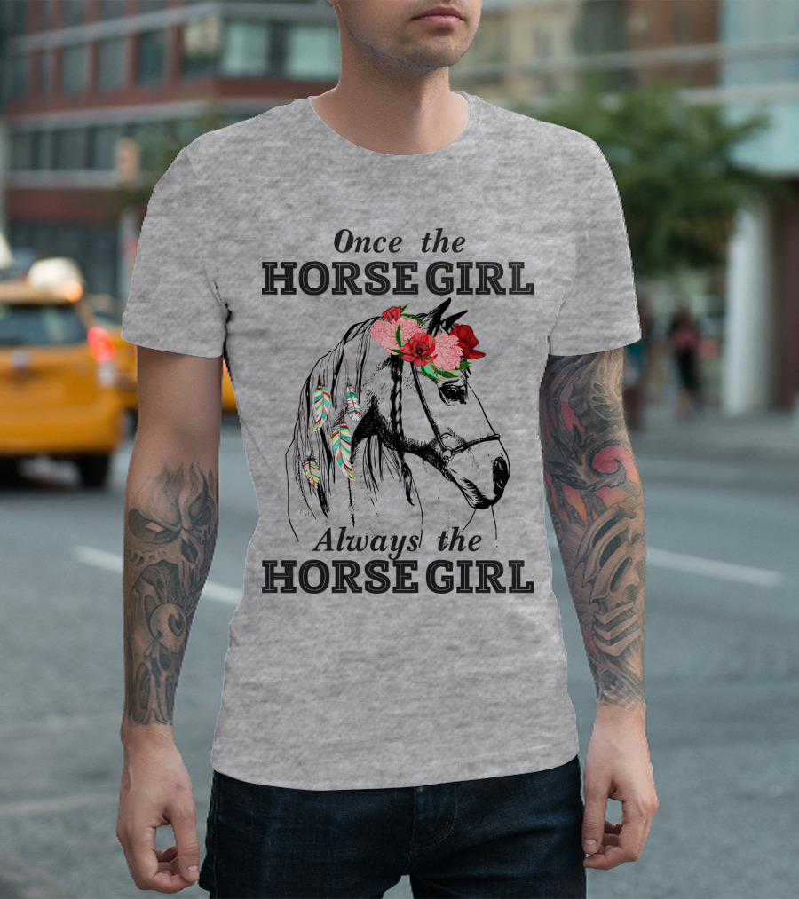 Once The HORSE GIRL Always The HORSE GIRL Floral Feather Adorned Horse T-Shirt