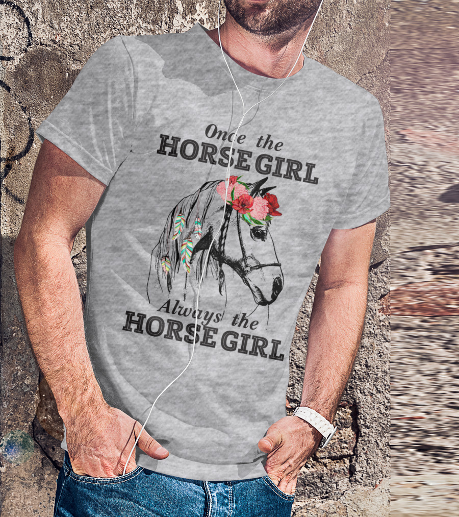 Once The HORSE GIRL Always The HORSE GIRL Floral Feather Adorned Horse T-Shirt