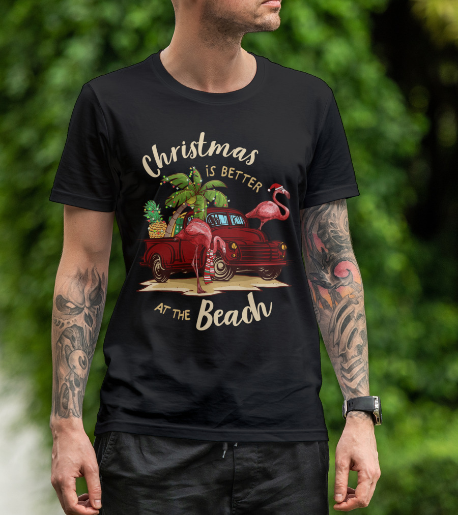 Christmas Is Better At The Beach With Flamingos And Palm Trees T-Shirt