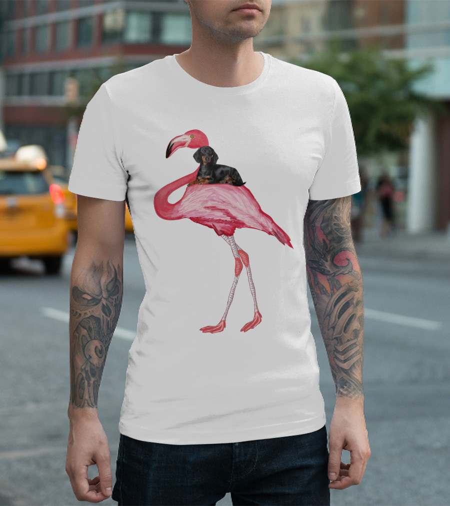 Flamingo and Dachshund Adventure T-Shirt