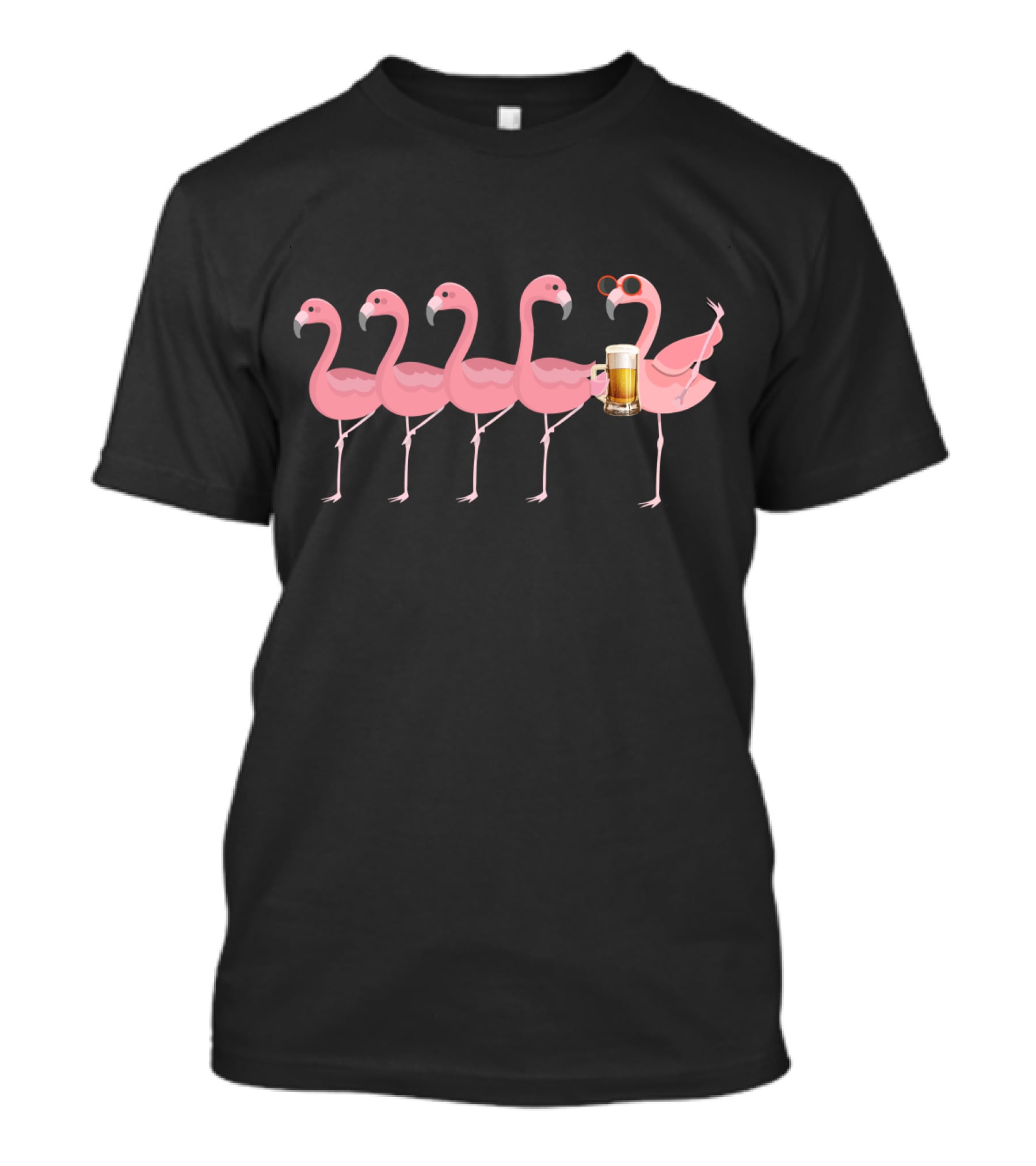 Beer Holding Flamingo With Sunglasses In A Row Of Pink Flamingos T-Shirt