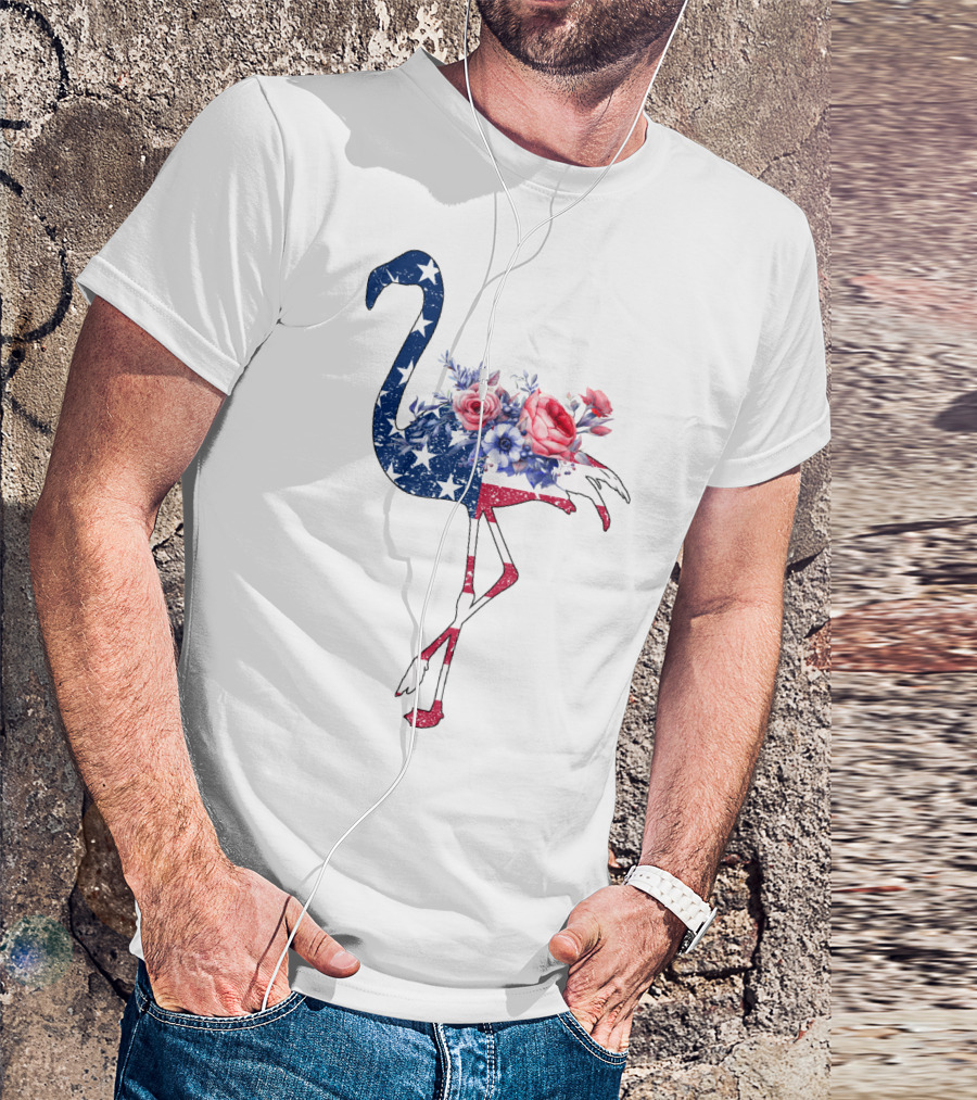 Flamingo American Flag Stars And Stripes With Floral T-Shirt