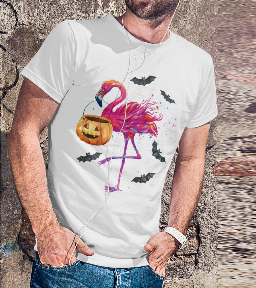 Flamingo With Halloween Pumpkin And Flying Bats T-Shirt