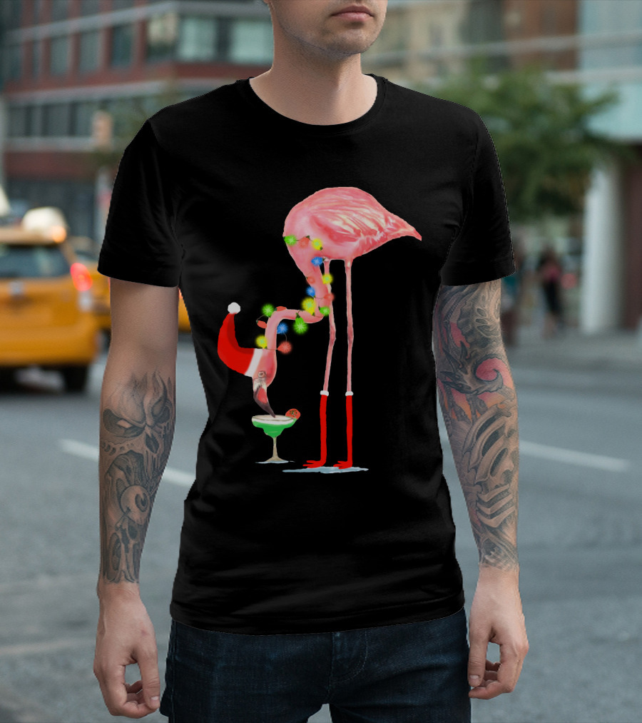 Flamingo Christmas Cocktail Santa Hat and Lights T-Shirt