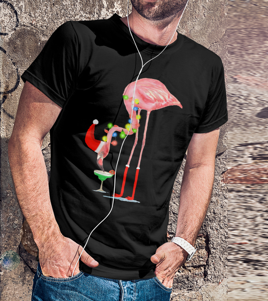 Flamingo Christmas Cocktail Santa Hat And Lights T-Shirt