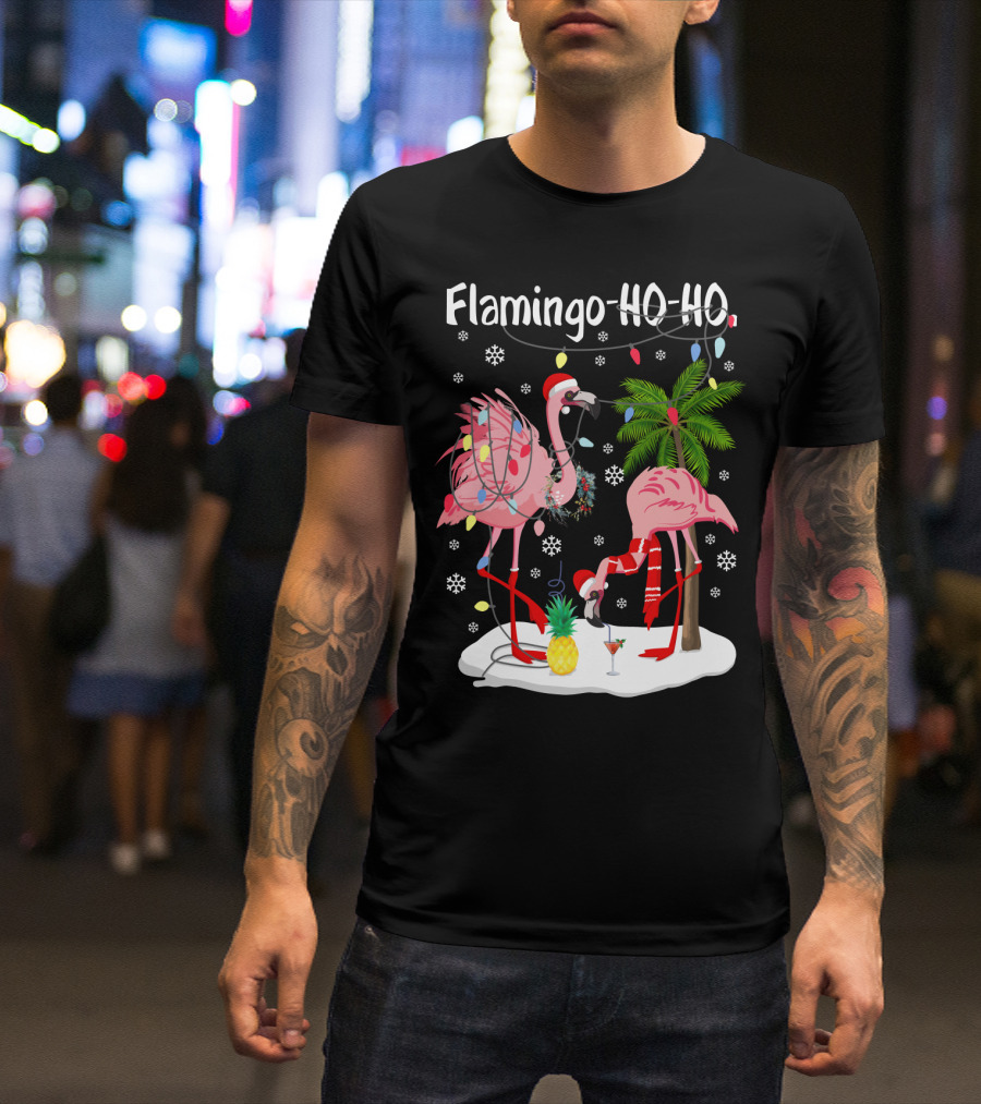 Flamingo HO-HO Christmas Lights And Snowflakes Holiday Scene T-Shirt