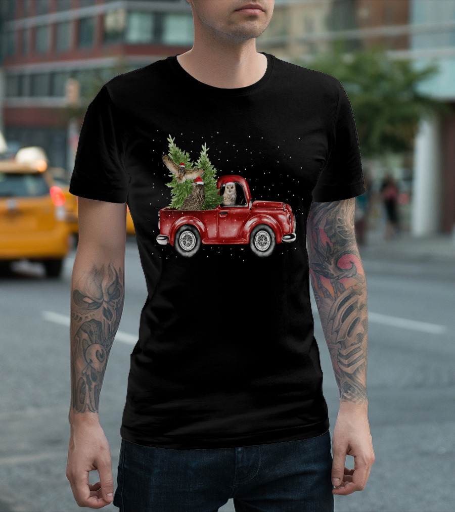 Owl Christmas Red Truck With Santa Hats And Tree T-Shirt