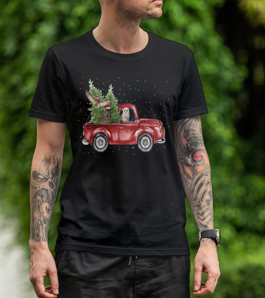 Owl Christmas Red Truck With Santa Hats And Tree T-Shirt