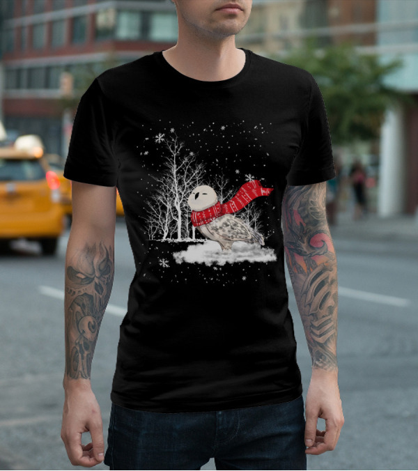 Snowy Owl Red Scarf Winter Scene T-Shirt