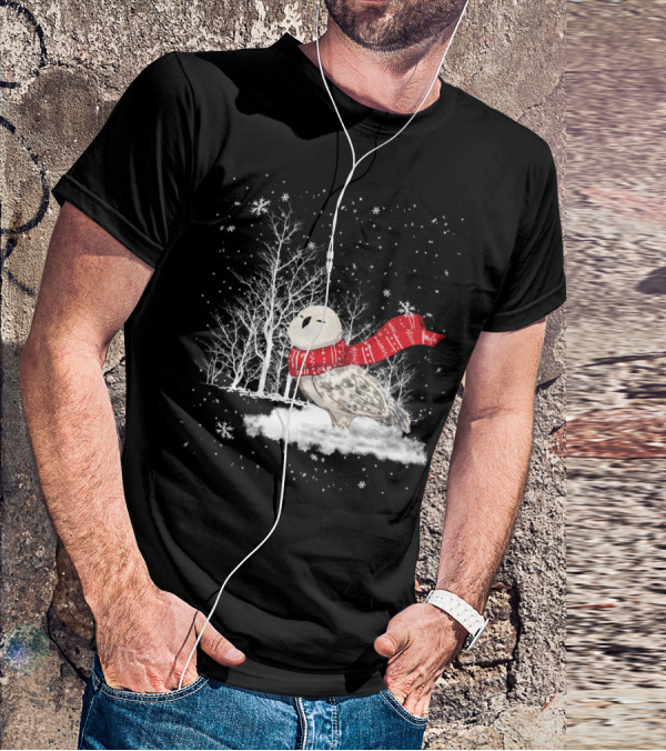 Snowy Owl Red Scarf Winter Scene T-Shirt