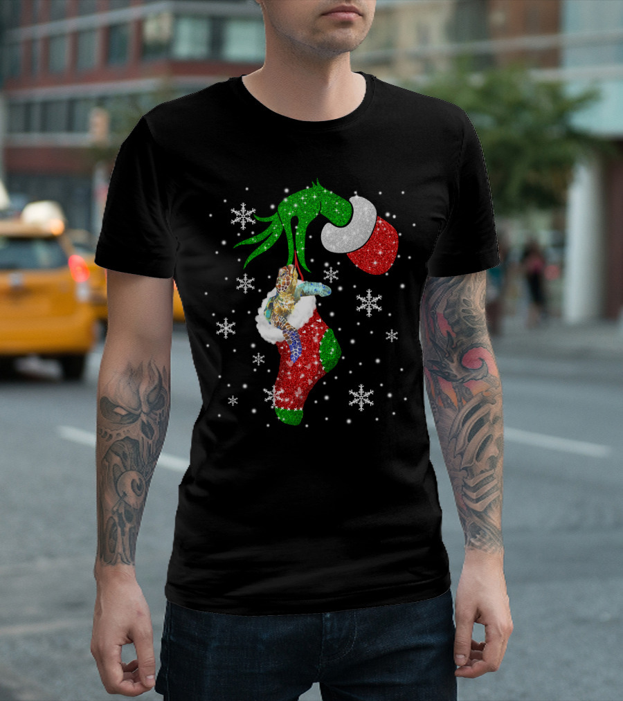 Grinch Christmas Turtle In Glittery Stocking With Snowflakes T-Shirt