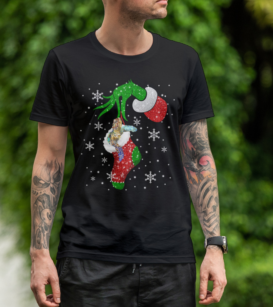 Grinch Christmas Turtle In Glittery Stocking With Snowflakes T-Shirt