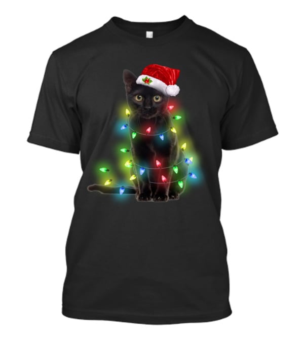 Cat Wrapped In Christmas Lights With Santa Hat T-Shirt