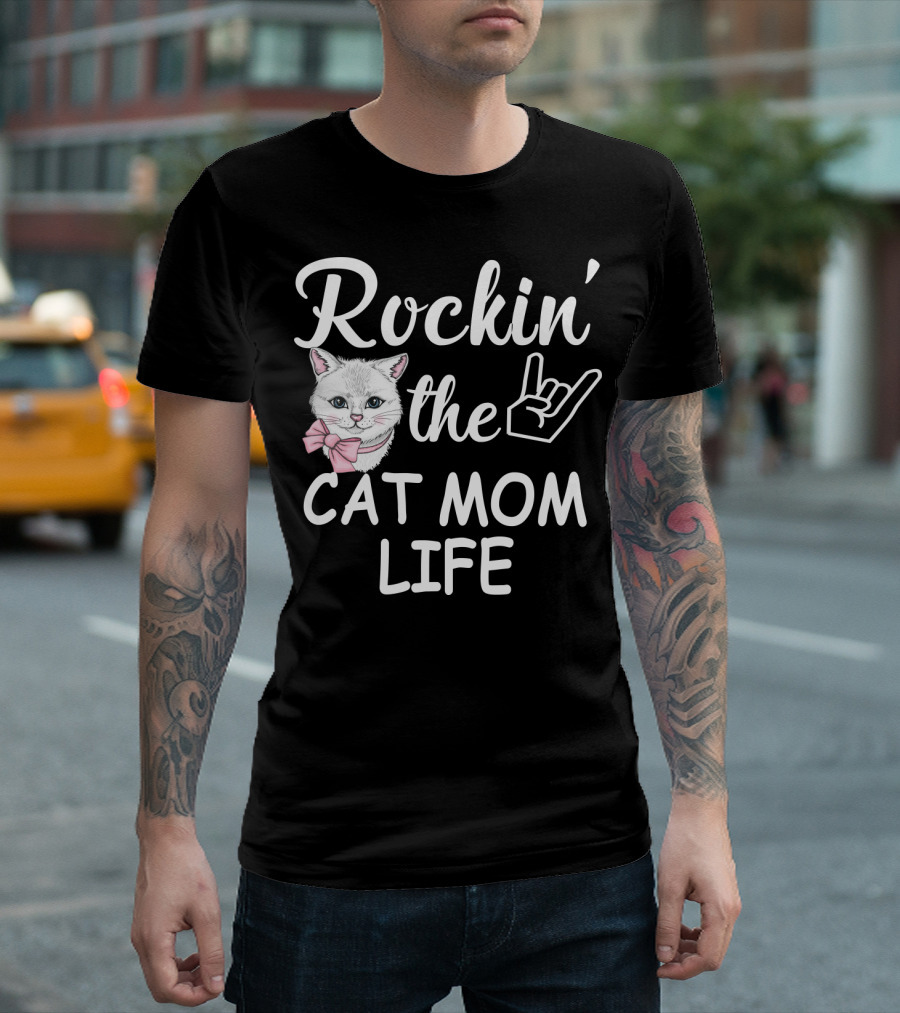 Rockin' The Cat Mom Life With Rock Hand And Pink Bow Cat T-Shirt