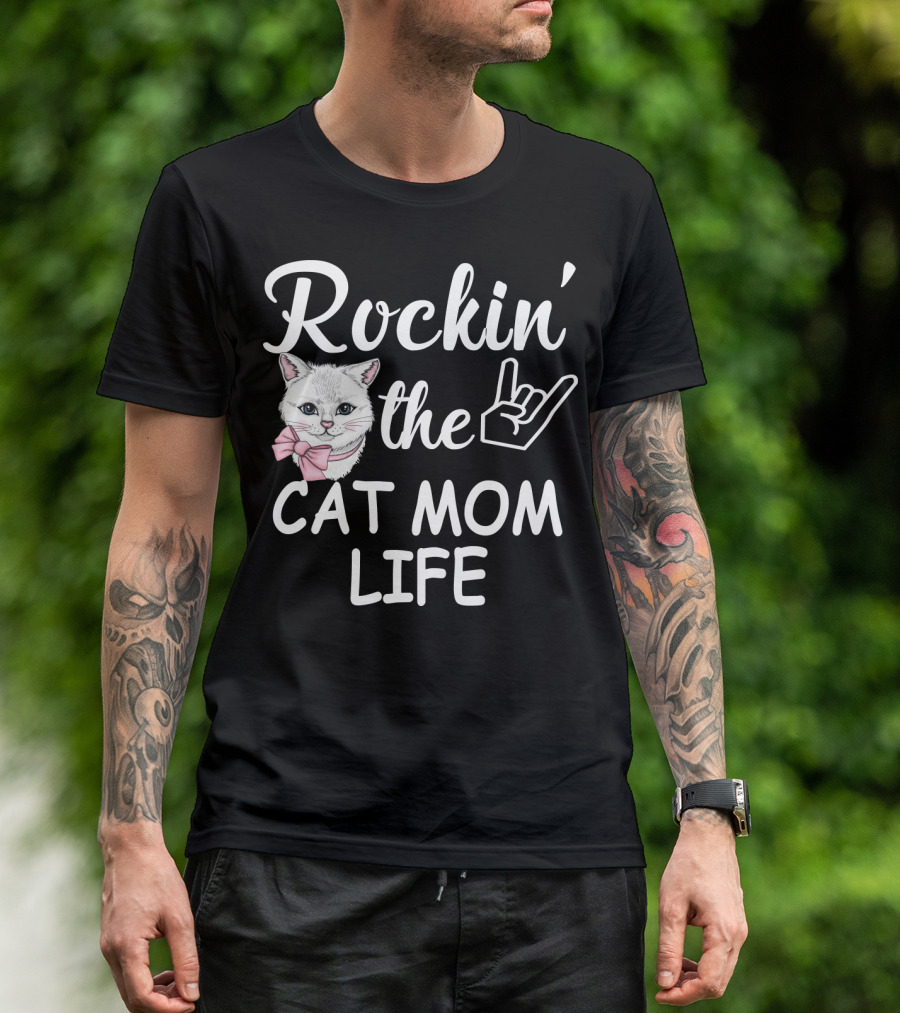 Rockin' The Cat Mom Life With Rock Hand And Pink Bow Cat T-Shirt