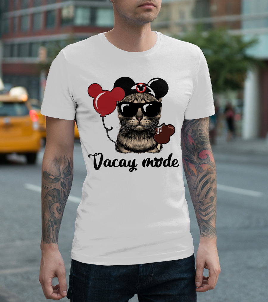 Vacay Mode Cat With Mouse Ears, Balloon, Sunglasses, Chocolate For Fans T-Shirt