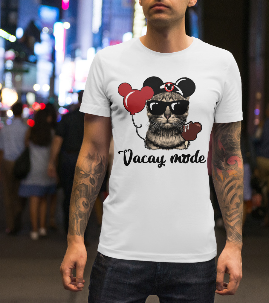 Vacay Mode Cat With Mouse Ears, Balloon, Sunglasses, Chocolate For Fans T-Shirt