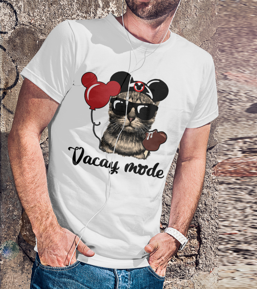 Vacay Mode Cat With Mouse Ears, Balloon, Sunglasses, Chocolate For Fans T-Shirt