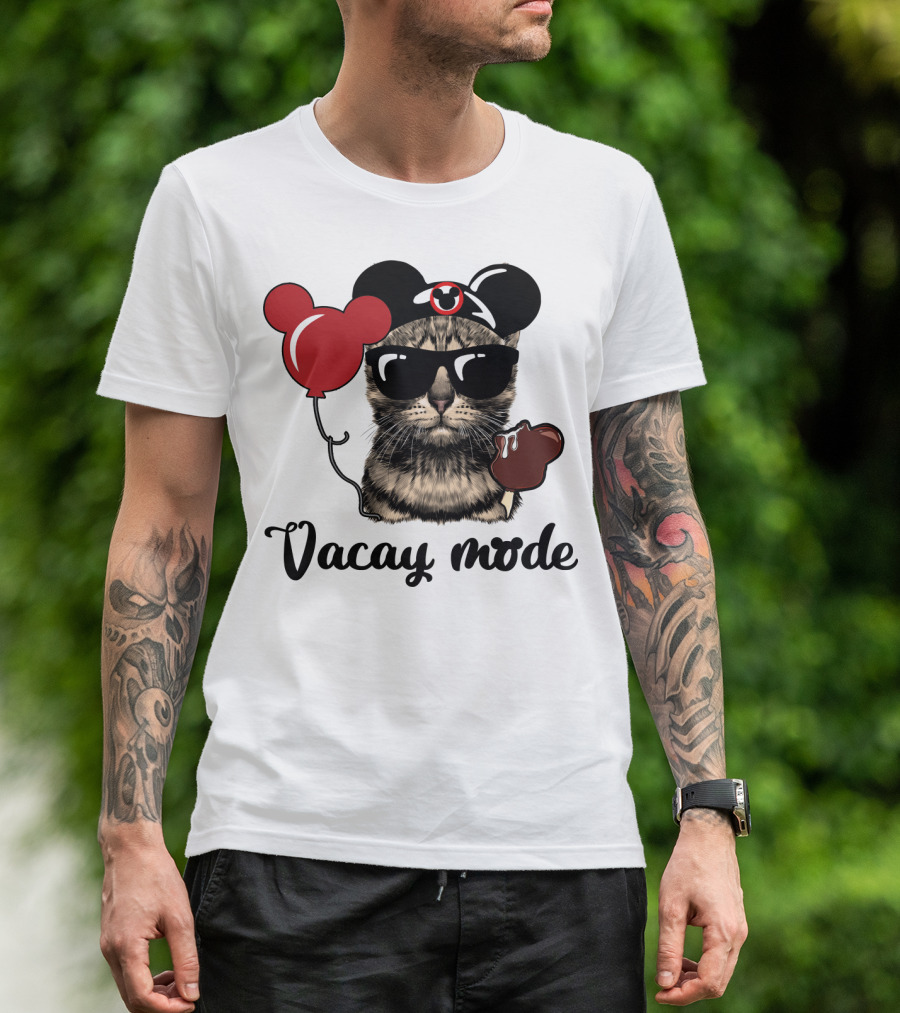 Vacay Mode Cat With Mouse Ears, Balloon, Sunglasses, Chocolate For Fans T-Shirt