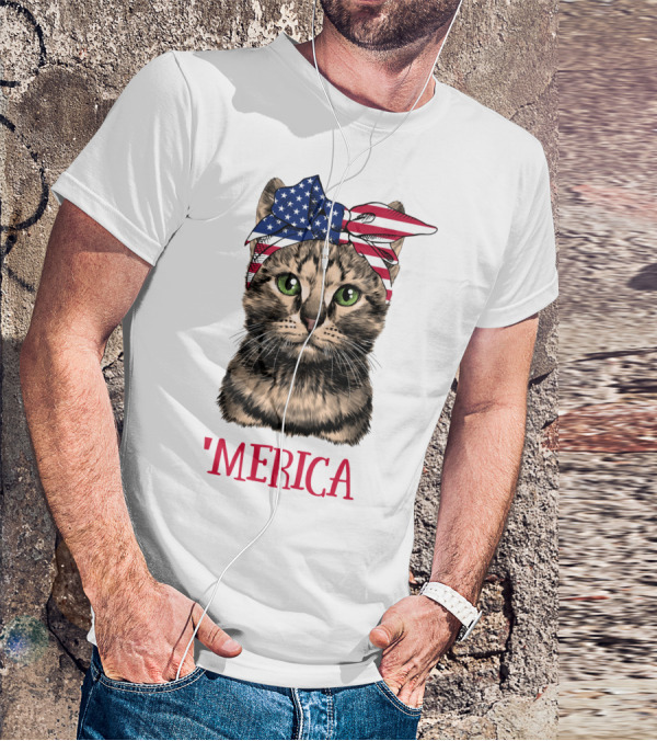 Cat With American Flag Bandana 'Merica T-Shirt