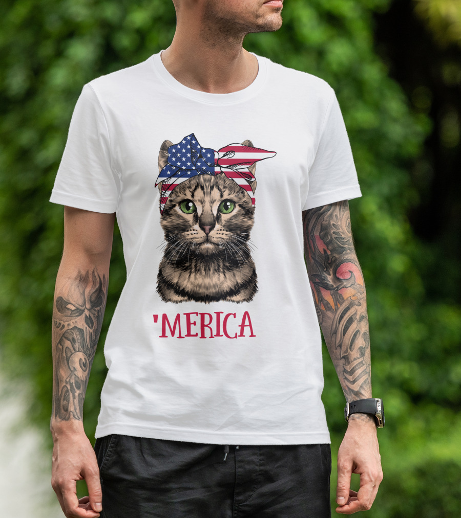 Cat With American Flag Bandana 'Merica T-Shirt