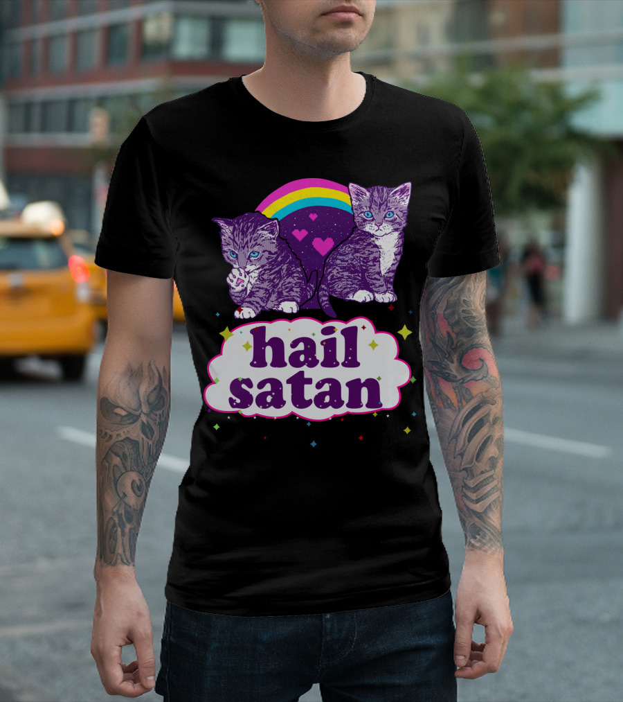 Hail Satan Cats With Rainbow And Hearts T-Shirt