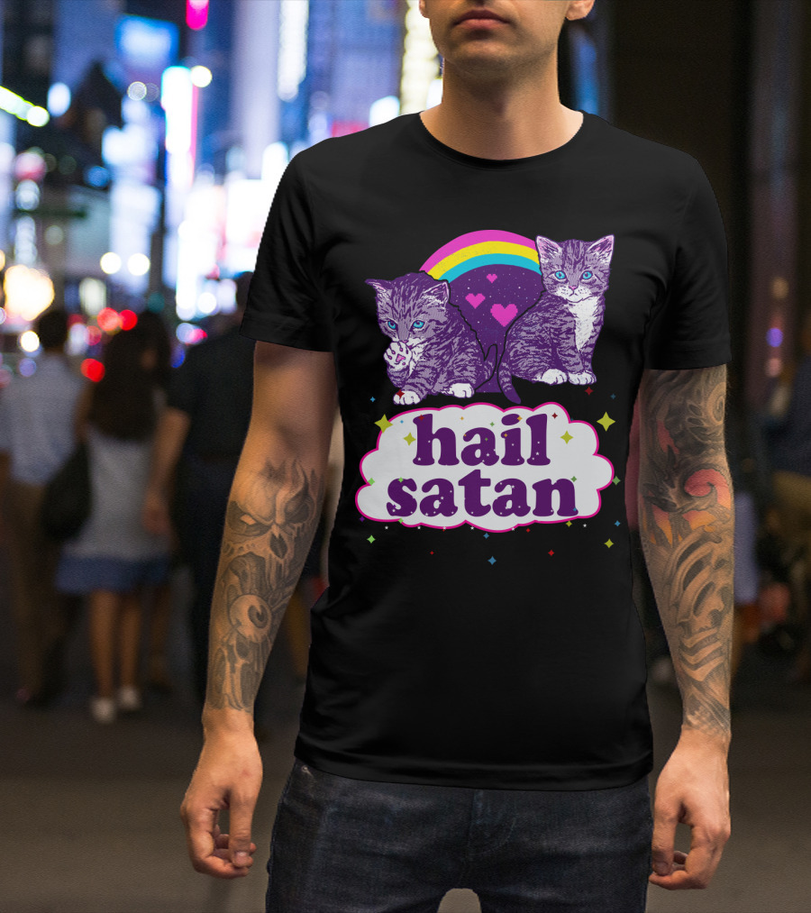 Hail Satan Cats With Rainbow And Hearts T-Shirt